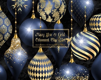 Navy Blue and Gold Christmas Ornaments Clipart, digital glitter Christmas ball ornament clip art in png format for commercial use