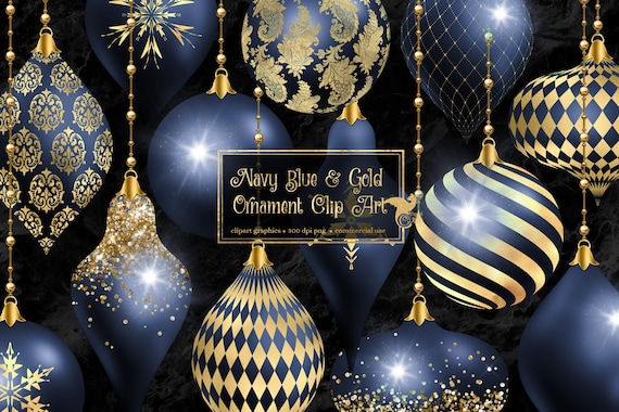 Navy Blue and Gold Christmas Ornaments Clipart Digital Glitter