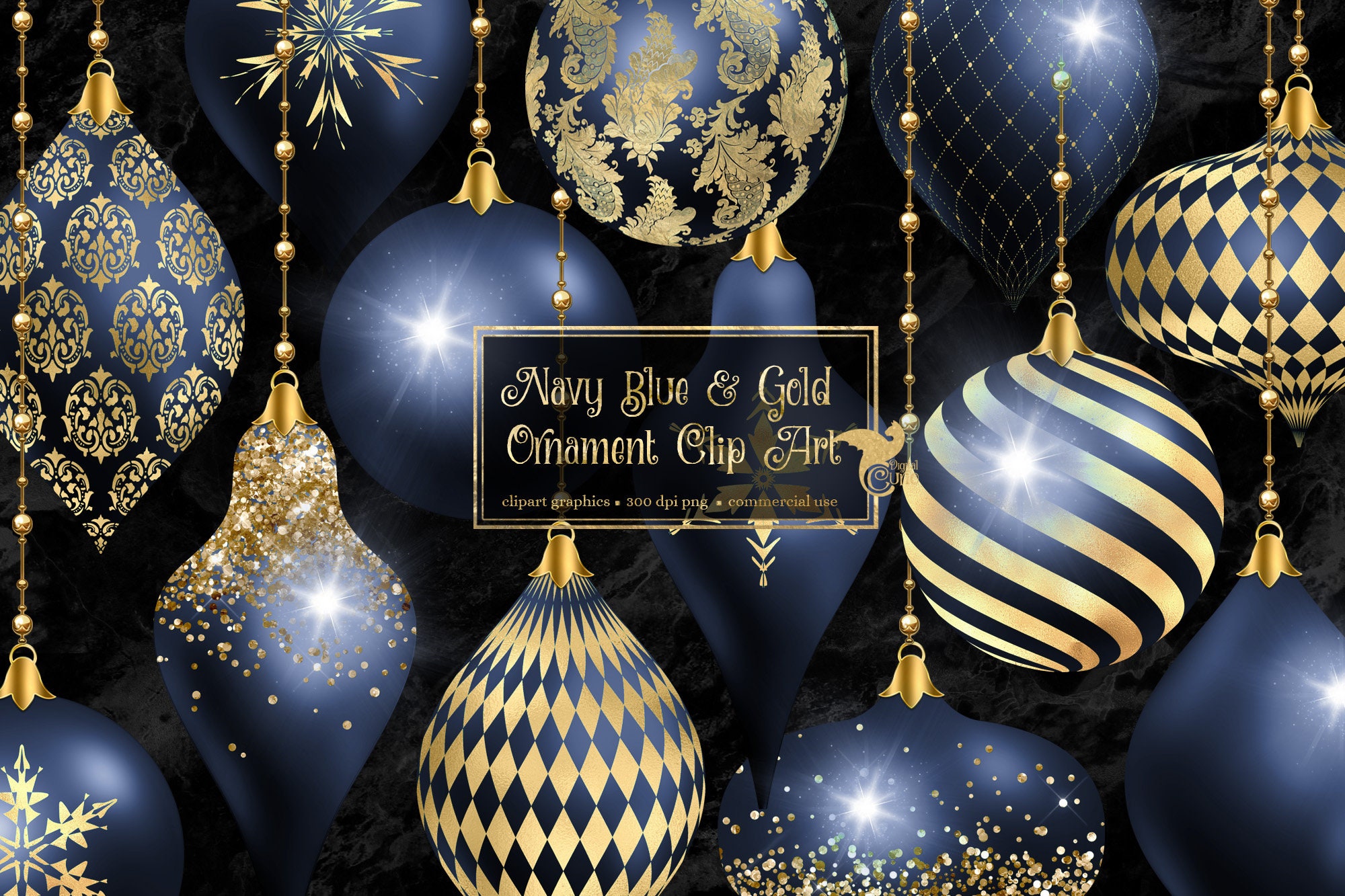 Navy Blue and Gold Christmas Ornaments Clipart Digital - Etsy Hong ...