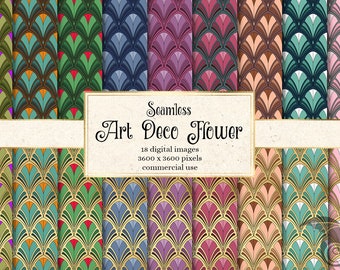 Art Deco Flower Digital Paper, seamless deco patterns with geometric floral designs instant download for commercial use