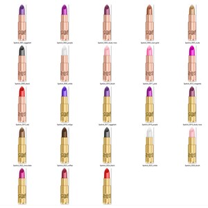 Op de afbeelding: Een set van 30 gouden lippenstiftbuisjes met verschillende lippenstiftkleuren. De lippenstiftkleuren omvatten rood, roze, paars, oranje, bruin, zwart, wit en goud.