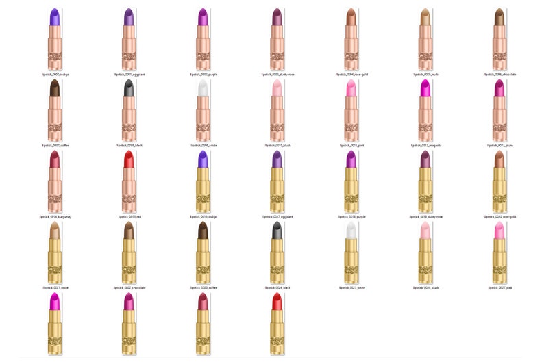 Op de afbeelding: Een set van 30 gouden lippenstiftbuisjes met verschillende lippenstiftkleuren. De lippenstiftkleuren omvatten rood, roze, paars, oranje, bruin, zwart, wit en goud.