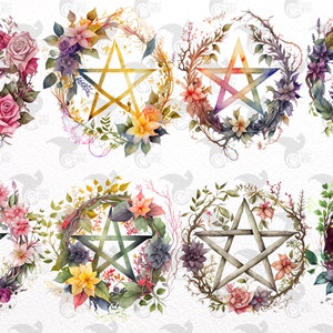 Watercolor Pentagram Clipart floral pentacle PNG format instant download for commercial use image 2