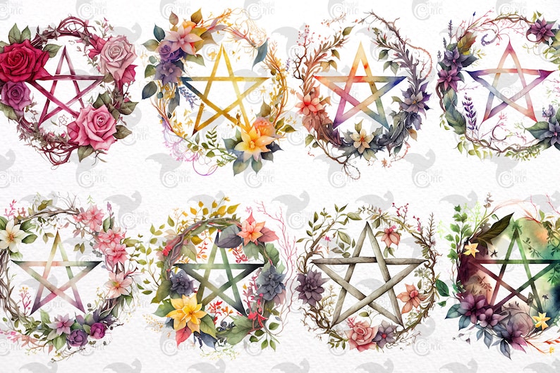 Watercolor Pentagram Clipart floral pentacle PNG format instant download for commercial use image 2