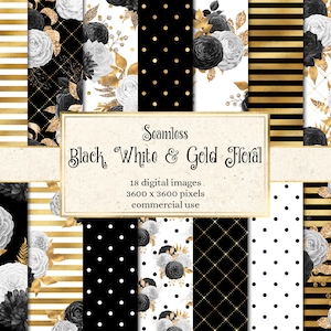 Schwarz Weiß und Gold Floral digitales Papier, nahtlose Rose druckbares Scrapbook Papier, rustikale Blumen Hintergründe und Muster