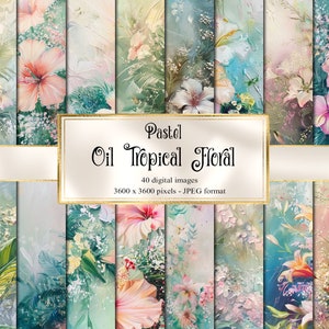 Pastelolie tropische bloemen digitaal papier, olieverftexturen, rococo-kunstachtergronden, afdrukbaar plakboekpapier, bloemendownload