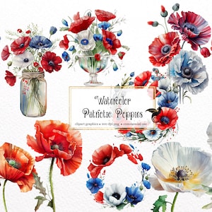 Aquarell Patriotische Mohnblumen Clipart - rote weiße und blaue Mohnblume im PNG-Format sofort-Download für kommerzielle Nutzung