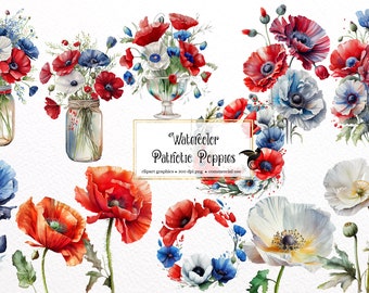 Puede incluir: Ilustraciones de acuarela de amapolas rojas, blancas y azules. Las amapolas están dispuestas en ramos, coronas y flores individuales. Las ilustraciones son perfectas para crear diseños digitales, scrapbooking y otros proyectos creativos.