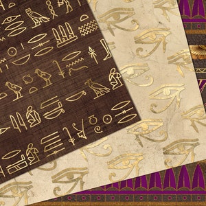 Golden Egypt Egyptian Digital Paper, Hieroglyphics Scrapbook Paper, Papyrus Vintage Antique Egypt Patterns, Digital Gold Foil Leaf Overlay image 2