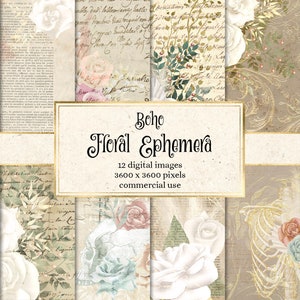 Boho Floral Ephemera Digital Paper - vintage rustic French flower backgrounds printable scrapbook paper instant download for commercial use