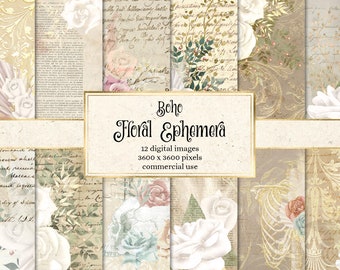 Boho Floral Ephemera Digital Paper – Rustic French Scrapbook (Commercial Use)