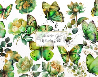 May include: Watercolor green butterfly and floral clipart graphics. The butterflies have gold accents and are surrounded by green leaves and flowers.