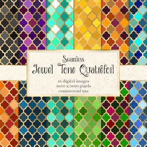 Jewel Tone Quatrefoil Digital Paper, seamless patterns and printable scrapbook paper for instant download commercial use