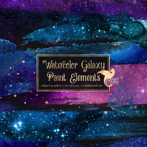 Watercolor Galaxy Paint Elements with brush strokes and watercolour blobs and gold stars in PNG format for commercial use