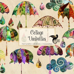 Collage Scrapbook Umbrellas and Parasols Clip art, Rainy Day PNG Clipart Set, Umbrella Clipart instant download commercial use