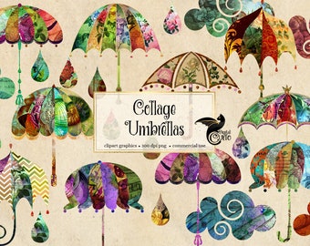 Collage de imágenes prediseñadas de paraguas, conjunto PNG para días lluviosos (descarga digital)