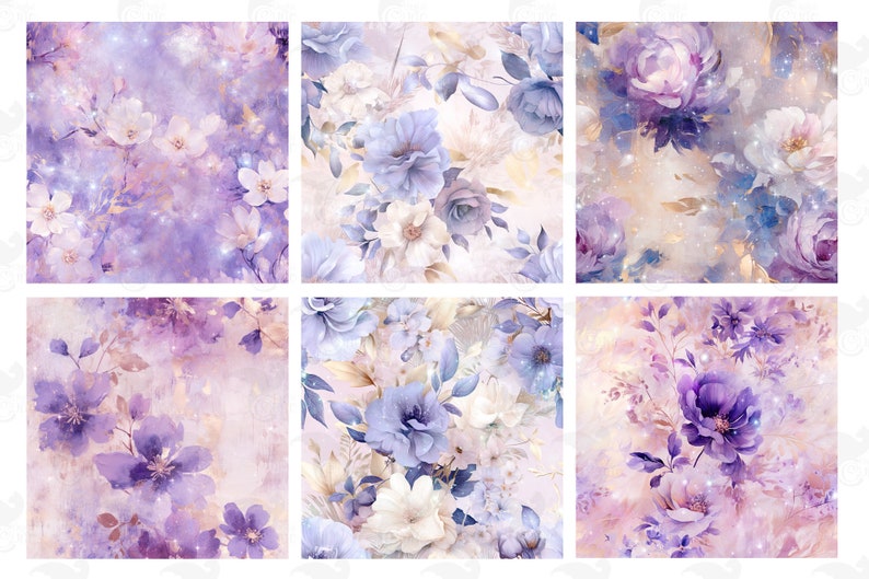 Fantasy Purple Floral Digital Paper, seamless flower printable oil paint textures printable scrapbook paper zdjęcie 2