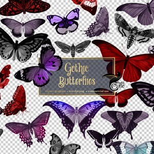 May include: A collection of 300 dpi digital clipart graphics featuring gothic style butterflies in various colors, including red, purple, black, and blue. The butterflies are depicted in a variety of poses, with some wings spread wide and others folded. The text "Gothic Butterflies" is displayed in a decorative font.