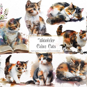 水彩画の三毛猫のクリップアート - かわいい花柄の猫と子猫、野生の花、PNG 形式ですぐにダウンロードして商用利用が可能
