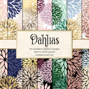 Dahlia Digital Paper, seamless dahlia patterns, rose gold dahlias gold glitter flowers rustic wedding baby shower tileable printable paper