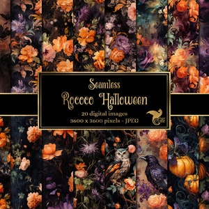 Rococo Halloween Digital Paper, bezszwowe tła, wzór gotycki rokoko kwiatowy, ciemne tekstury farby olejnej