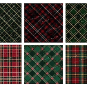 May include: A collection of six plaid patterns in various color schemes. The patterns include green, red, and gold, arranged in a classic tartan design. The designs are suitable for fabric or digital backgrounds.