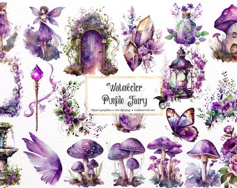 Watercolor Purple Fairy - fantasy floral spring clip art graphics in PNG format instant download for commercial use