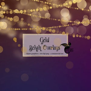 May include: Gold Bokeh Overlays digital clipart graphics on a gradient purple and blue background. The image features gold bokeh circles and strings of gold dots. Text on the image reads "Gold Bokeh Overlays" and "clipart graphics".