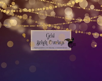 Gold Bokeh Lights Overlays, String Lights Clipart (Digital Download)