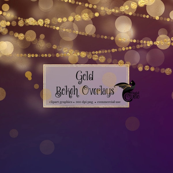 Gold Bokeh Lights Overlays, gold string lights clipart, bokeh overlays glowing gold bokeh light effects digital overlays commercial use