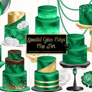 Emerald Green Cakes Clipart, digital instant download cake clip art graphics in green and gold for commercial use 01egd