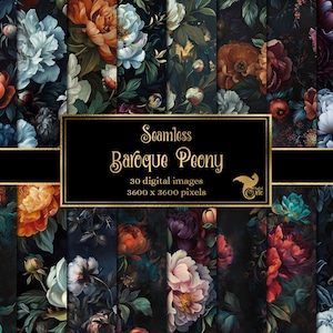 Barocke Pfingstrose Digitales Papier, nahtlose dunkle florale Hintergründe Muster Gothik Rokoko Blumenölfarbe Texturen