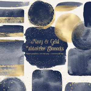 Navy and Gold Watercolor Elements Clipart, watercolour frames in navy blue paint digital PNG format instant download for commercial use