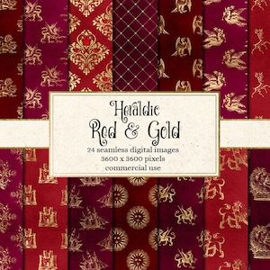 Heraldic Red and Gold Digital Paper, seamless patterns, medieval backgrounds, fantasy printable scrapbook paper, heraldry and sigils