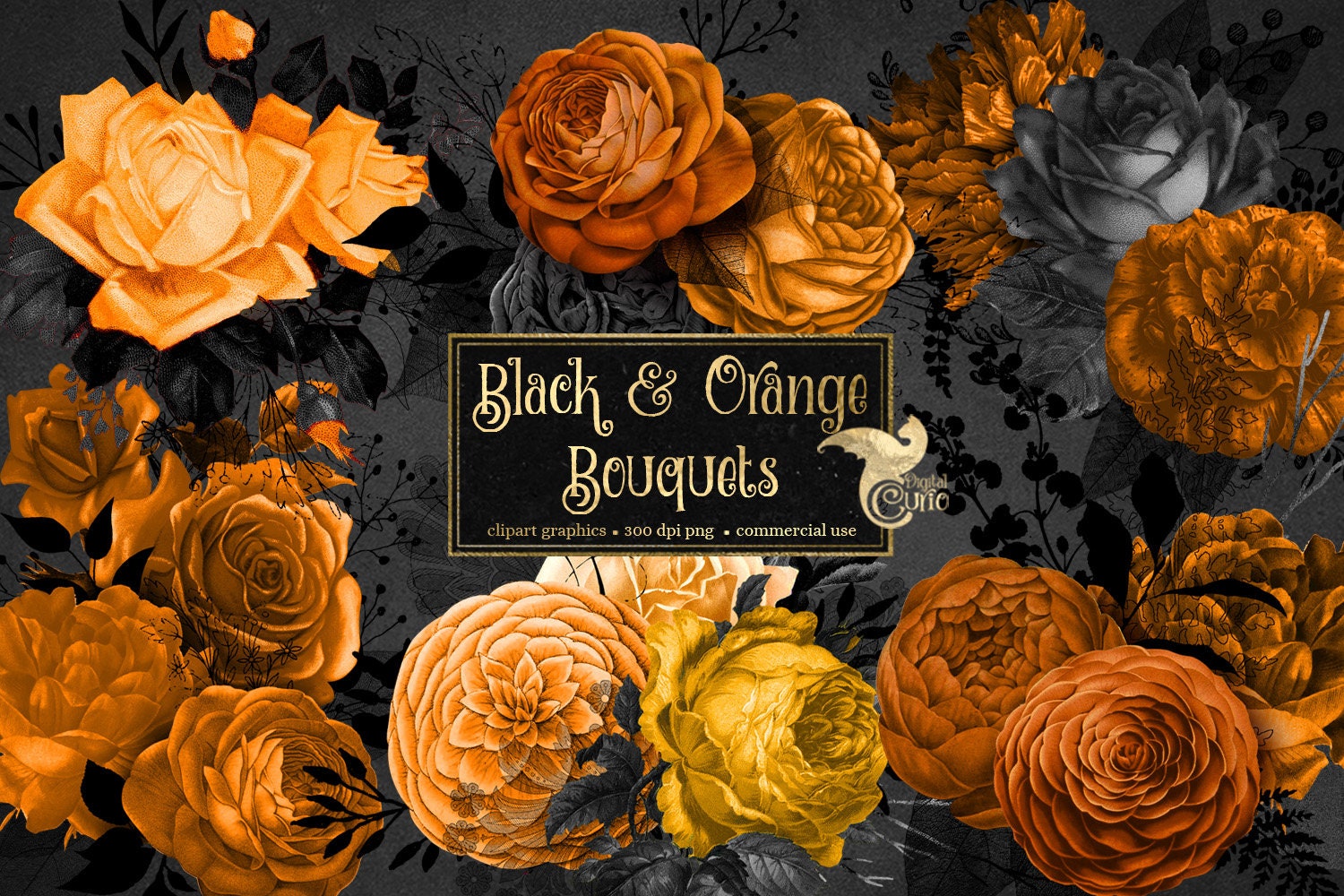 Black and Orange Bouquets Clip Art Digital Instant Download - Etsy