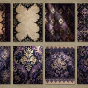 May include: Eight digital papers with a vintage aesthetic. The designs feature ornate patterns, including damask and lace, in shades of purple, gold, and black. Some papers have a textured appearance, while others have a more polished look.