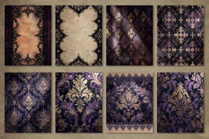 May include: Eight digital papers with a vintage aesthetic. The designs feature ornate patterns, including damask and lace, in shades of purple, gold, and black. Some papers have a textured appearance, while others have a more polished look.