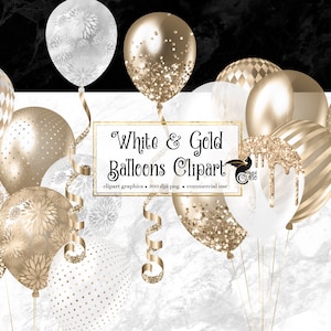 Blanc et or ballons Clipart 2, or paillettes et feuille confettis parti clipart pour les mariages PNG format téléchargement instantané pour un usage commercial
