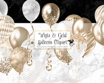 White and Gold Balloon Clipart, Party Confetti (PNG, Digital Download)