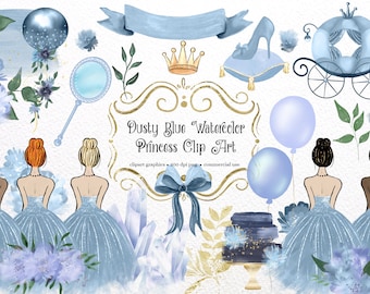 Dusty Blue Princess Watercolor Clipart – Glitter Couture Graphics (Digital Download)