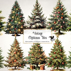 vintage Christmas Trees Clipart - clipart antique de vacances d’hiver au format PNG téléchargement instantané pour un usage commercial