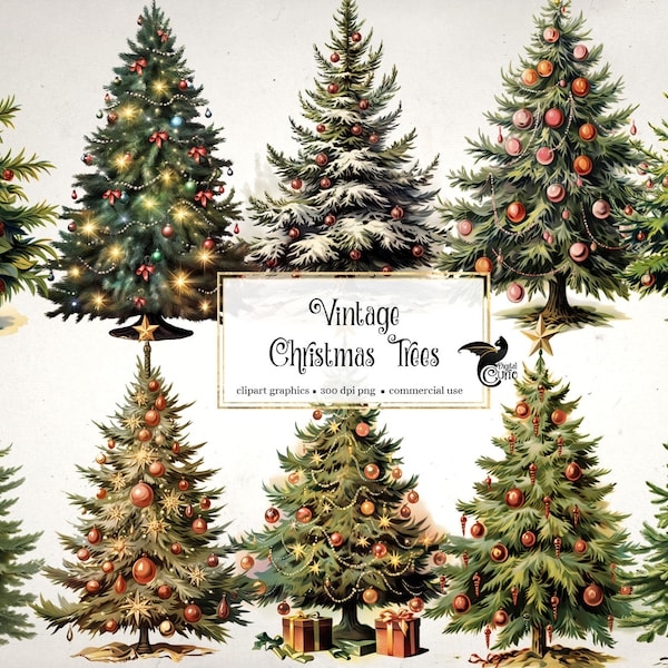 Vintage Christmas Trees Clipart - antique winter holiday clip art in PNG format instant download for commercial use