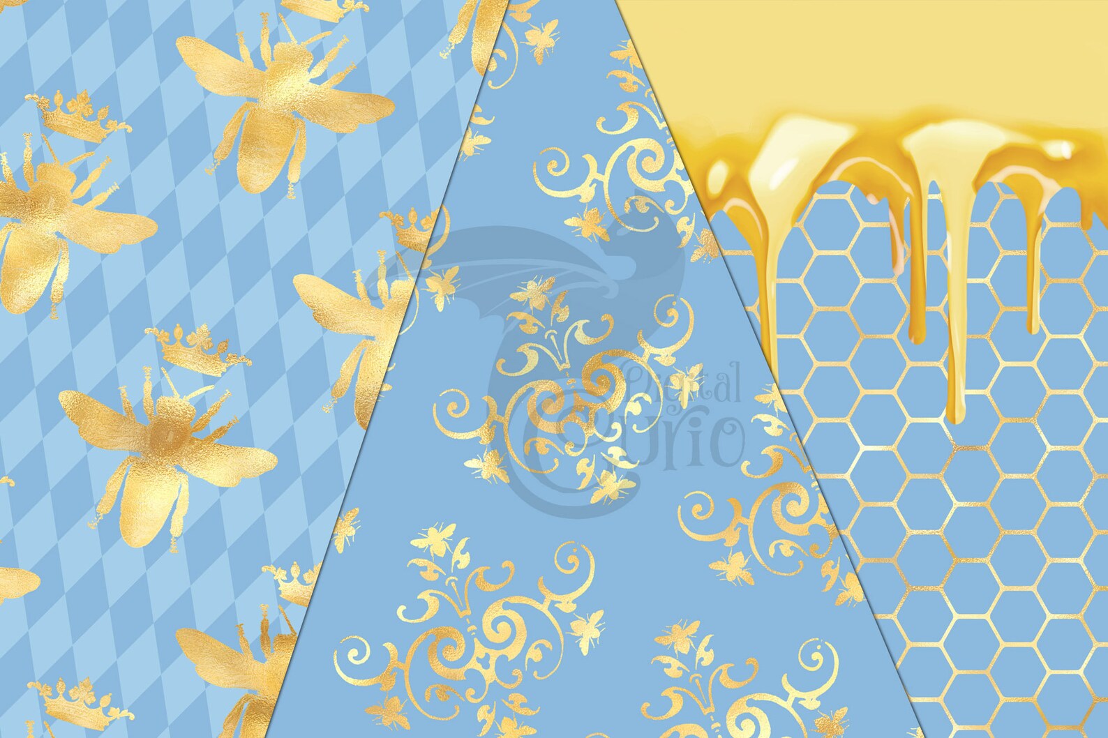 Blue and Gold Bee Digital Paper Baby Blue and Gold Honey Bee Etsy