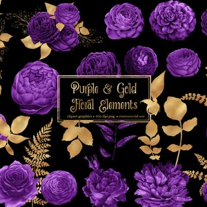 Clipart de elementos florais roxos e dourados - gráficos de clipart digital de rosas e folhas de folha de ouro em formato png para uso comercial