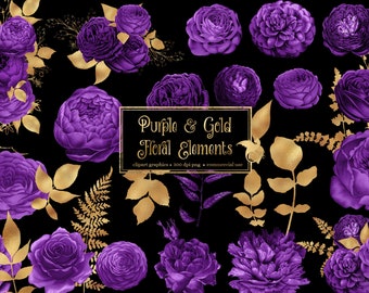 Purple and Gold Floral Elements Clip Art - digital clipart graphics of roses and gold foil leaves in png format for commercial use