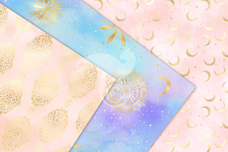 Gold Fantasy Watercolor Digital Paper Seamless Mystic Etsy