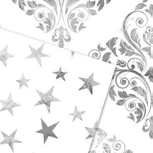 White and Silver Digital Paper, Shimmering Foil Patterns (digital ...