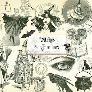 Puede incluir: Colección de imágenes prediseñadas digitales de estilo vintage con brujas y sus familiares. Incluye ilustraciones de brujas, murciélagos, búhos, calderos, calaveras y otros elementos místicos. Se muestra el texto "Witches & Familiars".