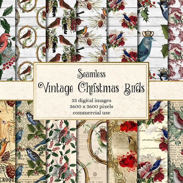 Vintage Christmas Birds Digital Paper seamless patterns vintage textures old newspaper distressed rustic antique decoupage scrapbook paper