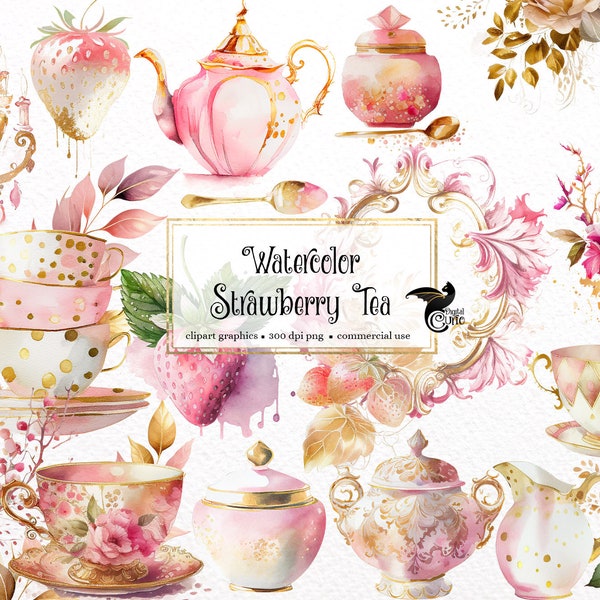 Watercolor Strawberry Tea Clipart, blush and gold tea cups, garden tea clip art PNG graphics instant download for commercial use